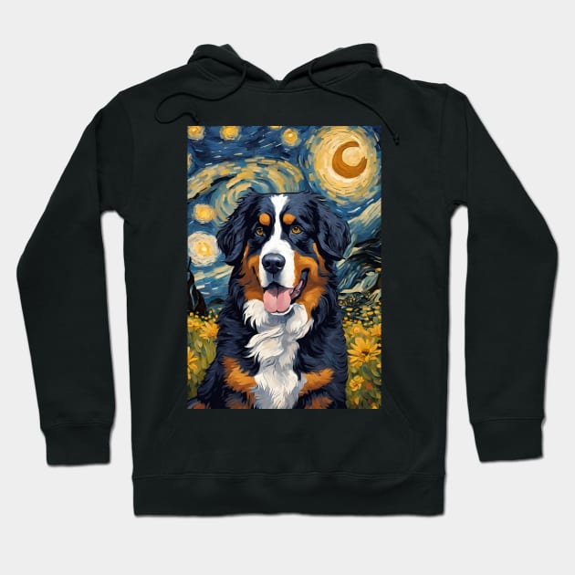 Bernese Mountain Dog Breed Painting in a Van Gogh Starry Night Art Style Hoodie by Art-Jiyuu